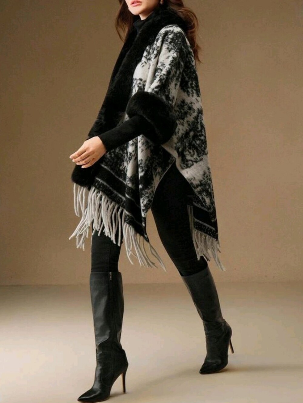 Black & White Fringe Faux-Fur Trim Knit Poncho Sweater